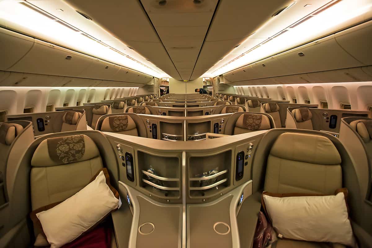 Business class cabin of China Easterns B77W1 Why Book A Holiday Abroad